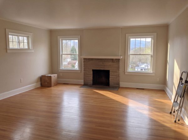 Same living room after the walls were painted warm greige