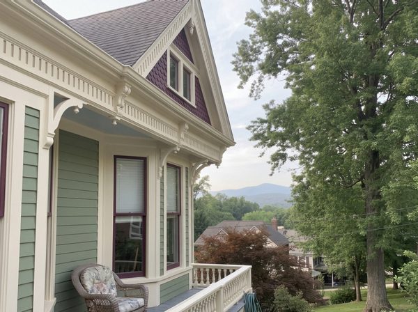 Same Victorian gable after the trim was scraped, primed and repainted cream
